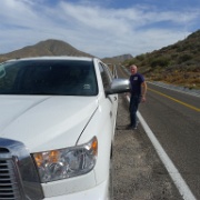 P1150349  Back on the highway. We managed not to run out of gas. But we had a flat tire.