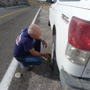 P1150350  "green slime" made the car go for another 15 miles, but we were 30 miles from Mulege, so that didn't help that much. Changing a tire comes next. Long day.